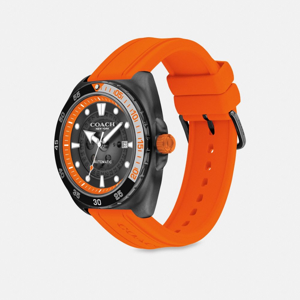 COACH®,Charter Automatic Watch, 44 Mm,Analog,Rubber,Silicone,Crystal,Word Embellishment,Water Resistant,Casual,Orange,Angle View