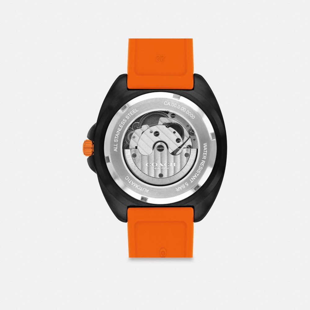 COACH®,Charter Automatic Watch, 44 Mm,Analog,Rubber,Silicone,Crystal,Word Embellishment,Water Resistant,Casual,Orange,Back View