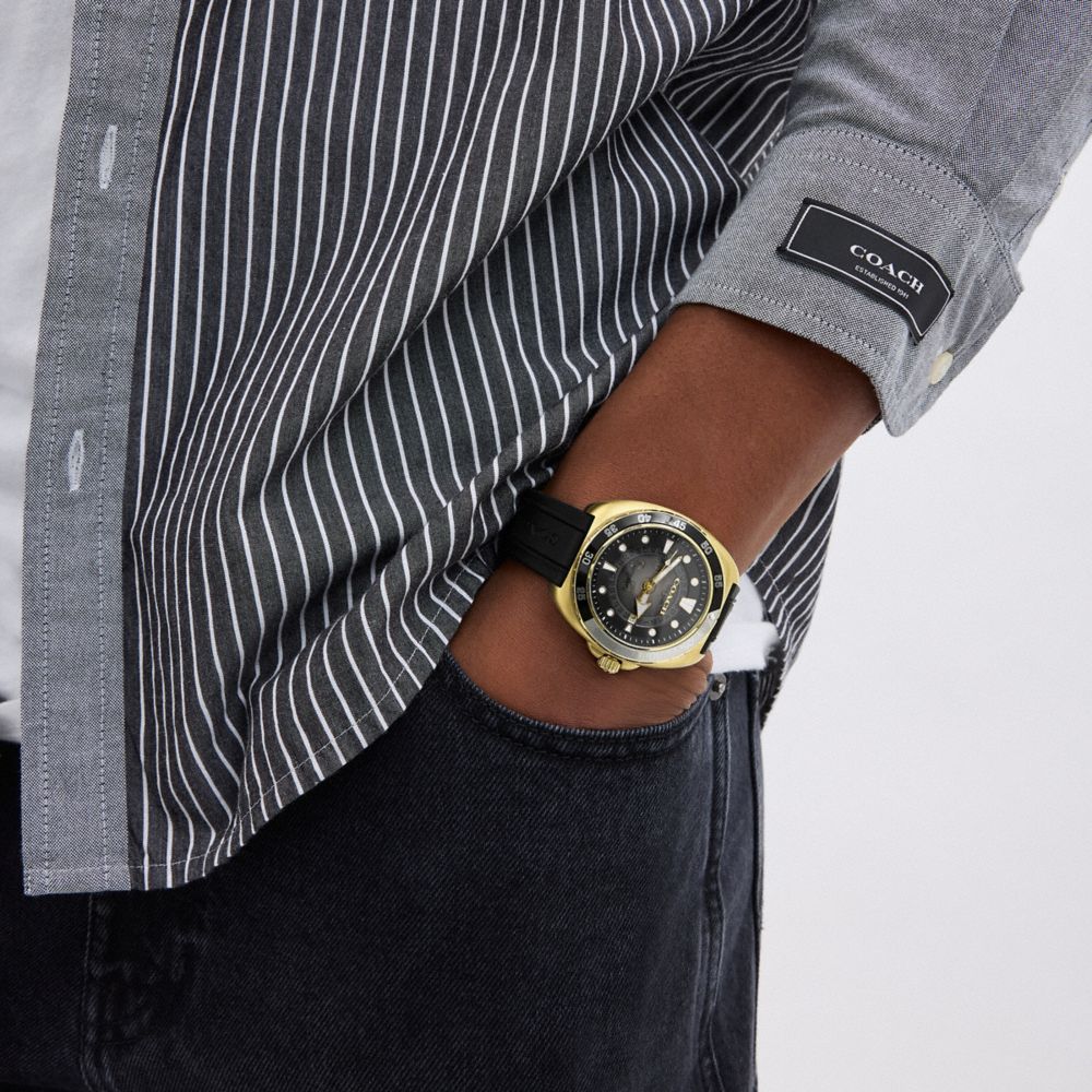 COACH®,Charter Automatic Watch, 44 Mm,Analog,Mineral,Crystal,Silicone,Rubber,Word Embellishment,Logo,Water Resistant,Water...,Black,Detail View