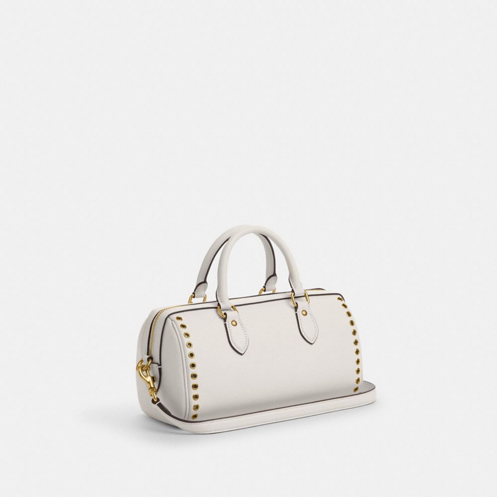 COACH®,Rowan Long Satchel Bag With Grommets,Leather,Barrel Bag,Logo,Metal,Grommet,Adjustable,Work,Day Party,,Angle View