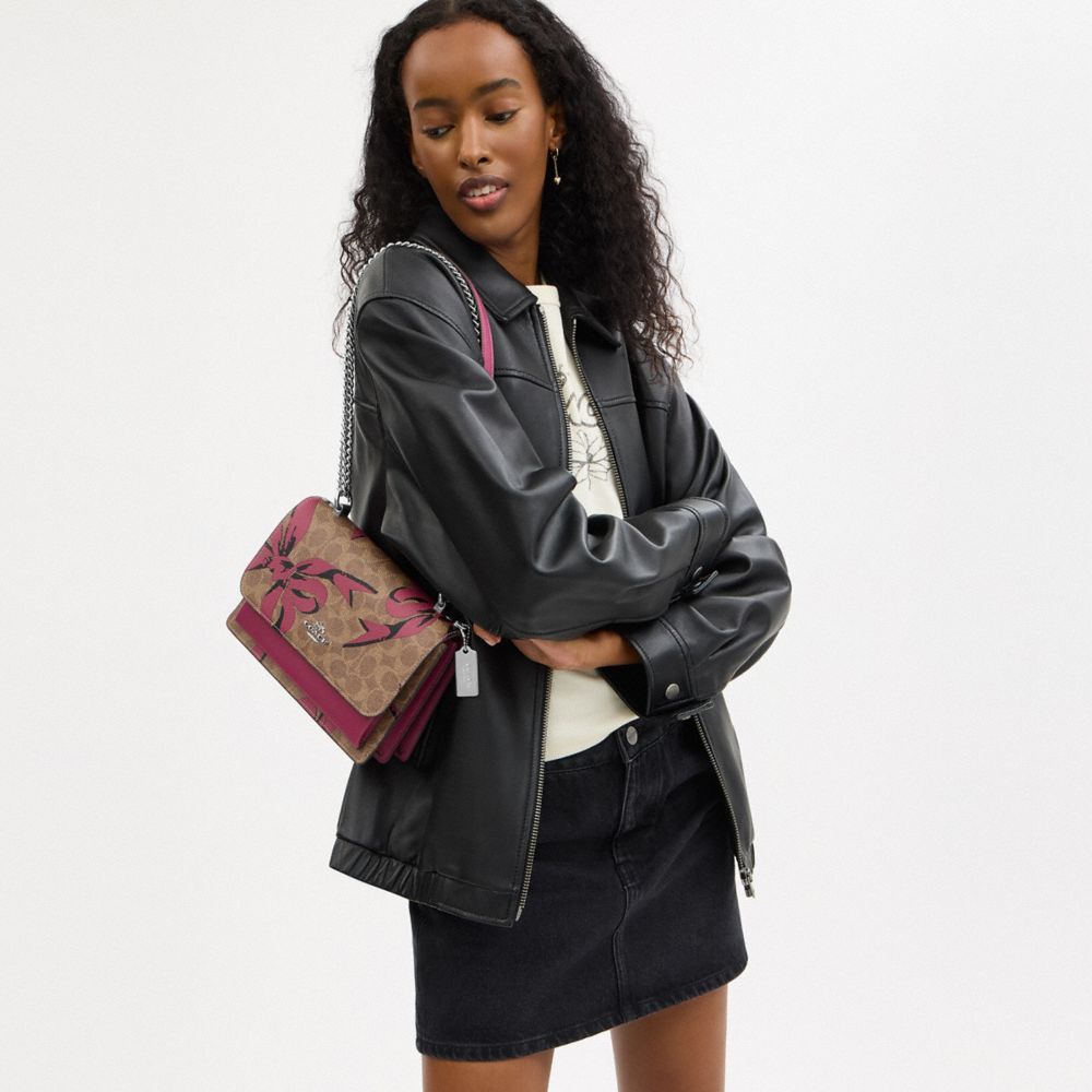COACH®,Klare Crossbody Bag In Signature Canvas With Bow Print,Leather,Canvas,Crossbody,Color Block,Adjustable,Day Party,Beige,Detail View