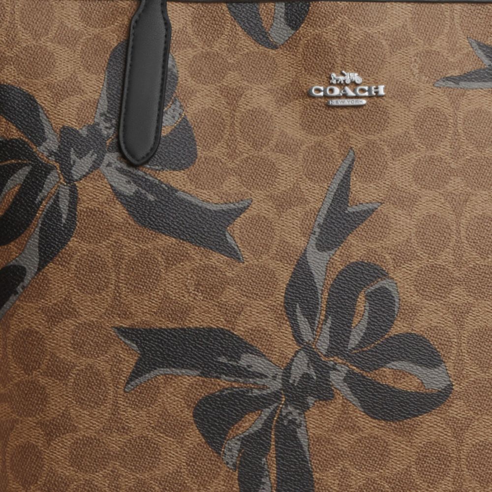 COACH®,City Tote Bag In Signature Canvas With Bow Print,Canvas,Tote,Piping,Casual,Brown