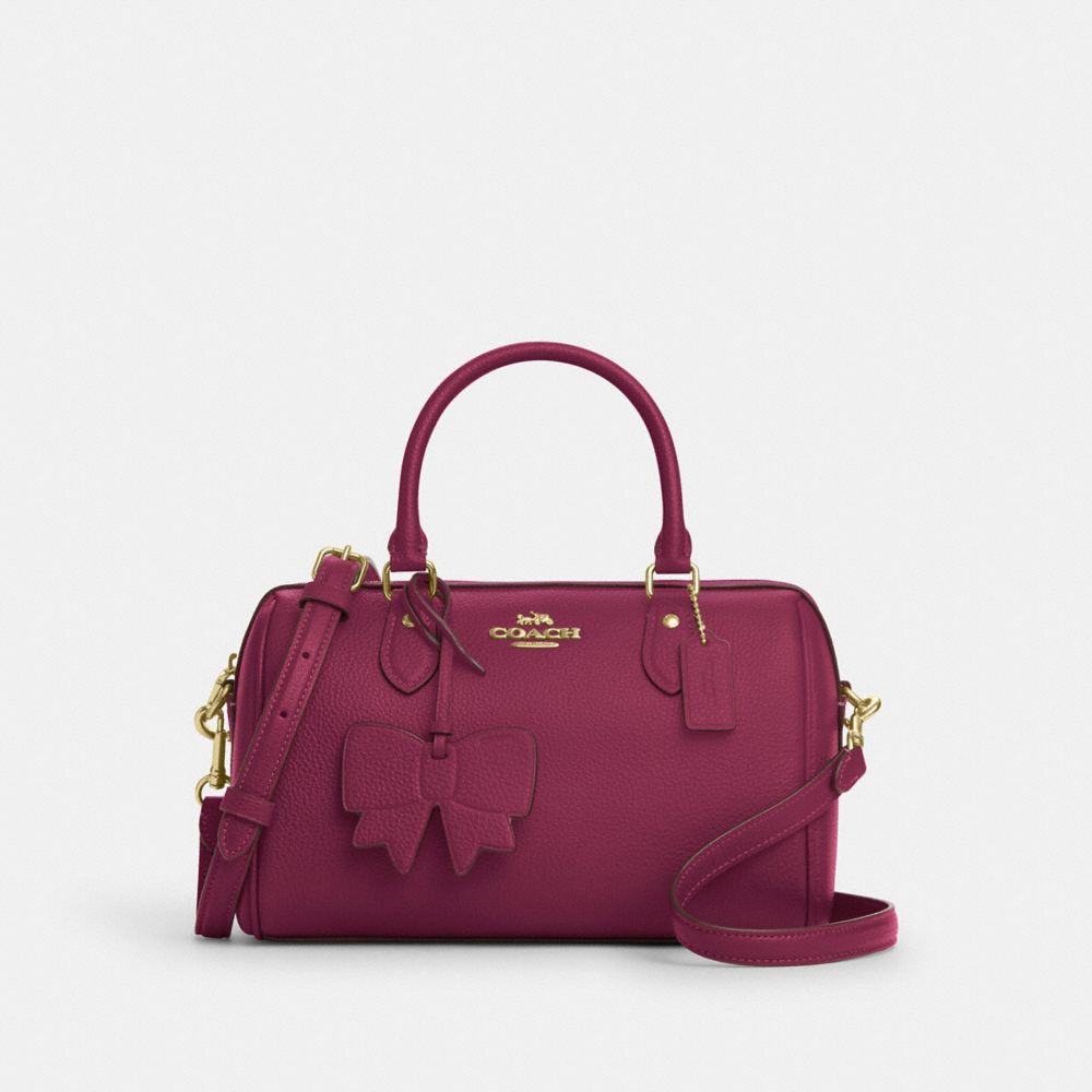 COACH®,SACOCHE ROWAN AVEC BRELOQUE BOUCLE,Cuir galet,Or/Rose,Front View