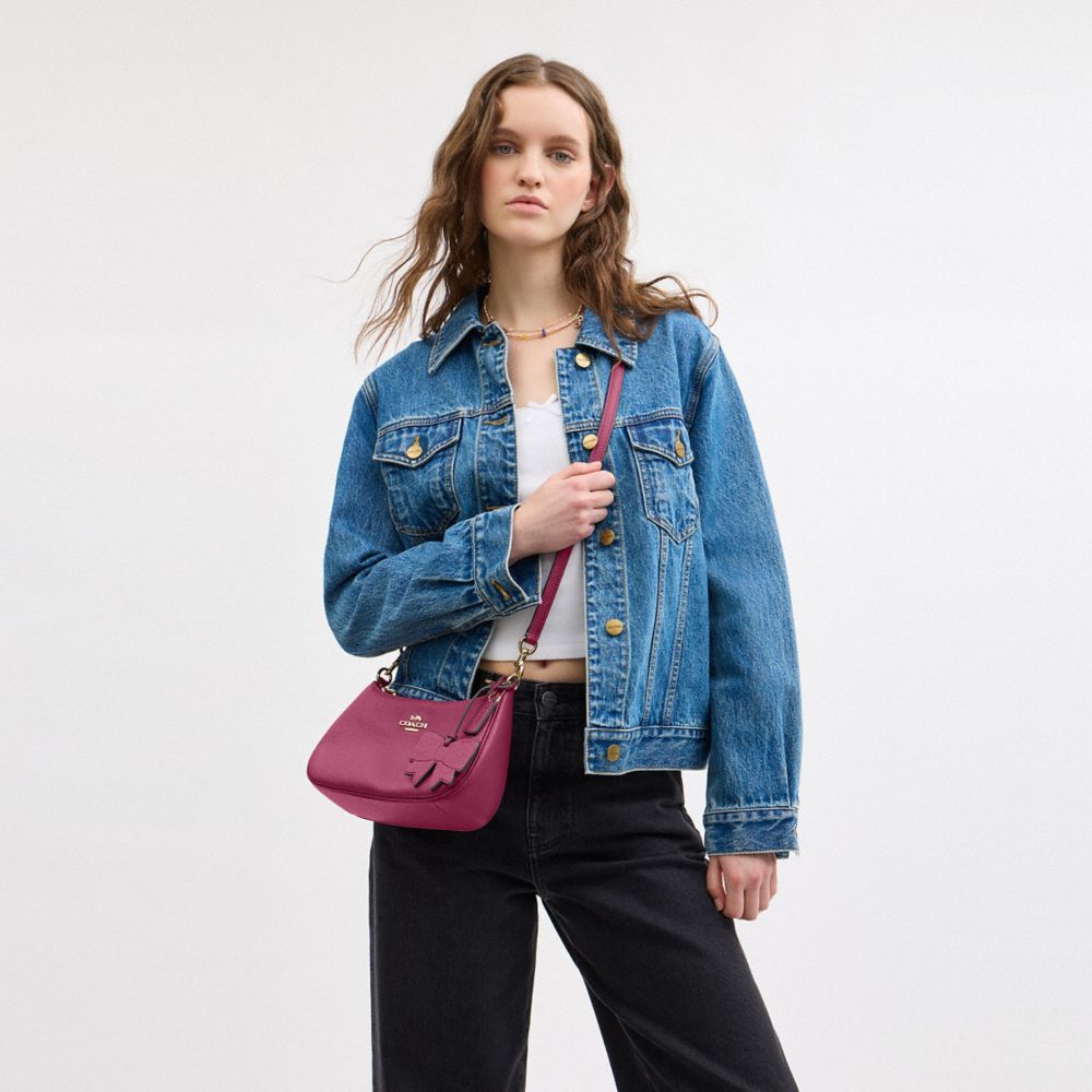 COACH®,Teri Shoulder Bag With Bow Charm,Shoulder Bag,Embossed,Metal,Logo,Bow,Casual,Maroon,Detail View