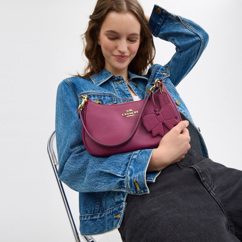 COACH®,Teri Shoulder Bag With Bow Charm,Shoulder Bag,Embossed,Metal,Logo,Bow,Casual,Maroon,Detail View