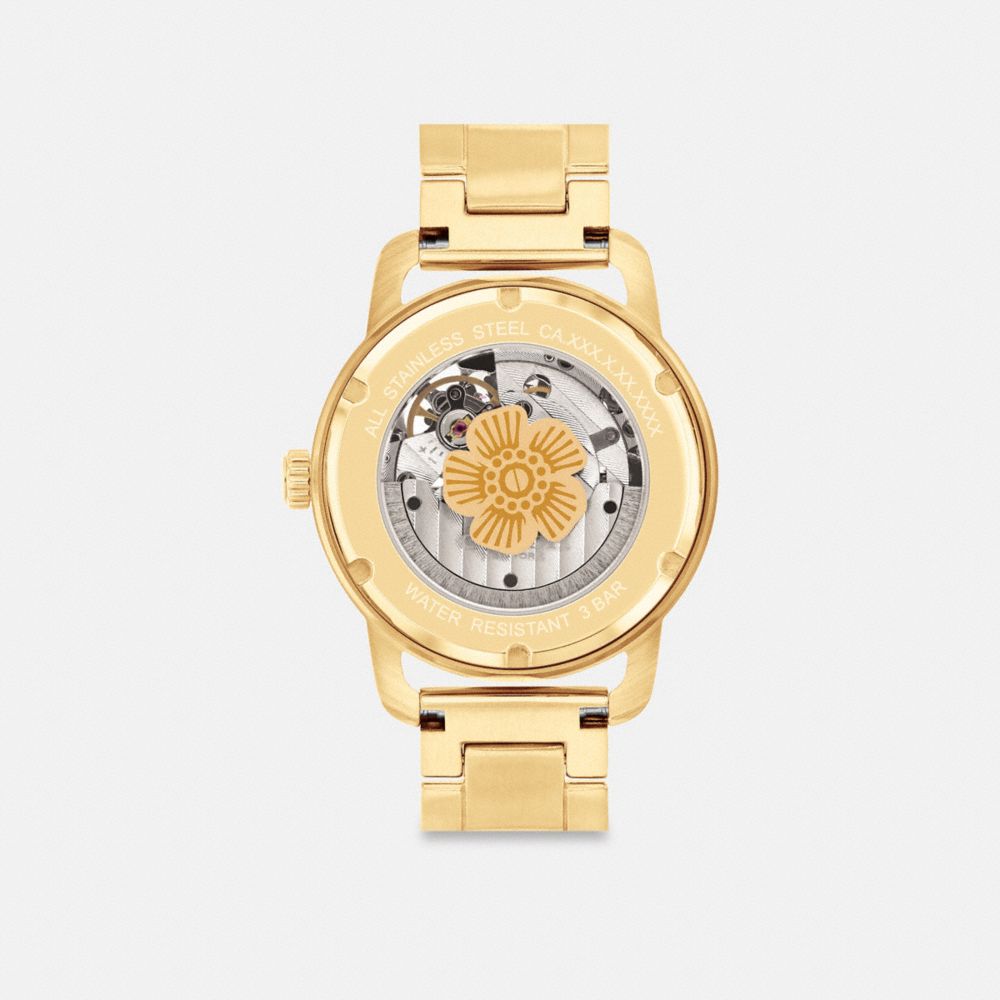 COACH®,Cruiser Automatic Watch, 37 Mm,Analog,Mineral,Crystal,Gem Embellishment,Word Embellishment,Logo,Water Resistant,Casual,,Back View