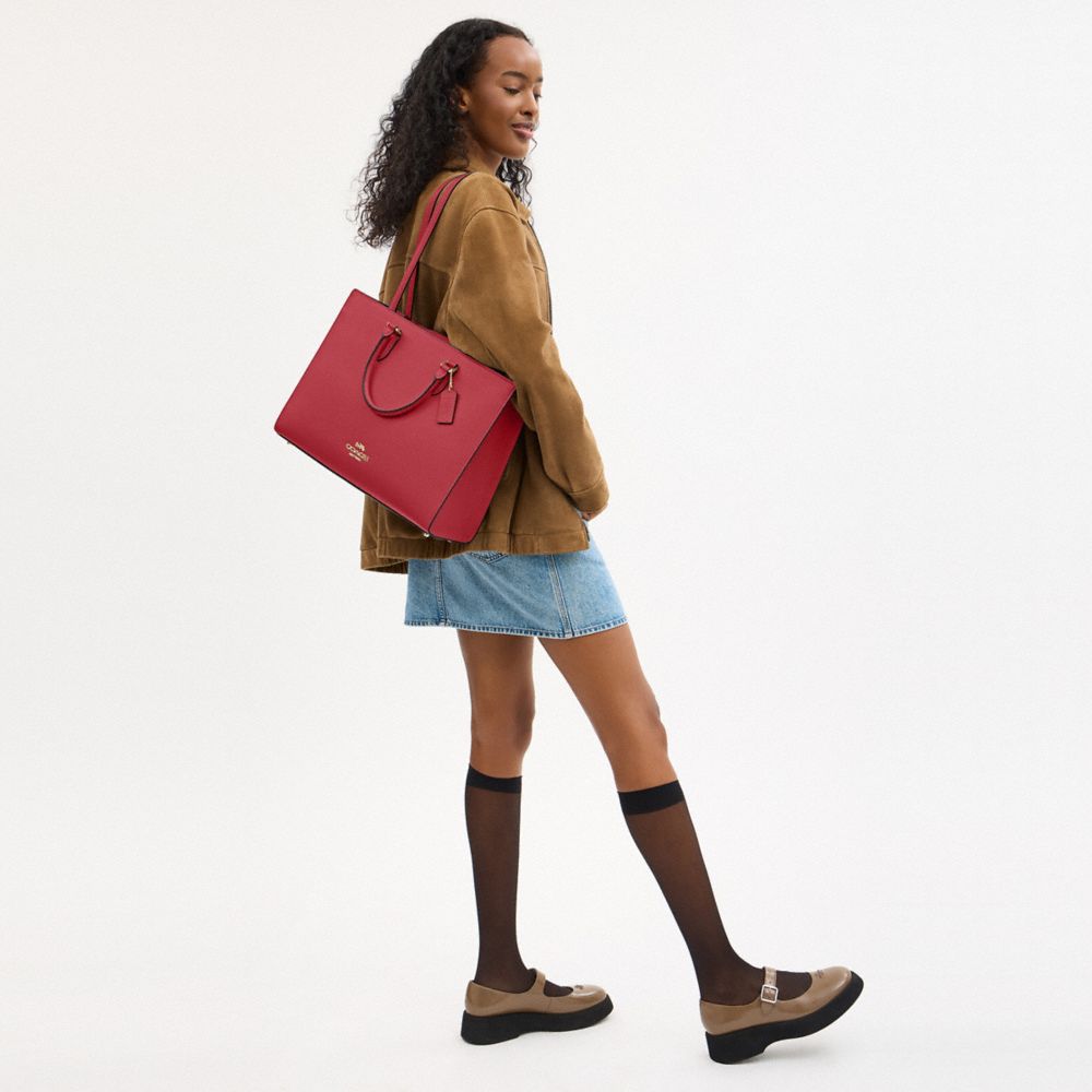 COACH®,Maggie Tote Bag,Leather,Tote,Embossed,Metal,Logo,Work,Maroon,Detail View