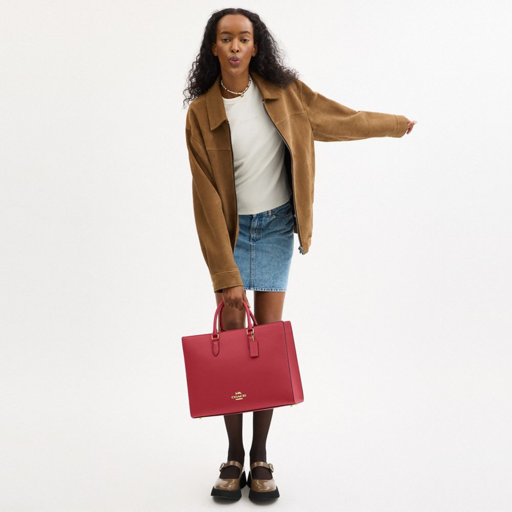 COACH®,Maggie Tote Bag,Leather,Tote,Embossed,Metal,Logo,Work,Maroon,Detail View