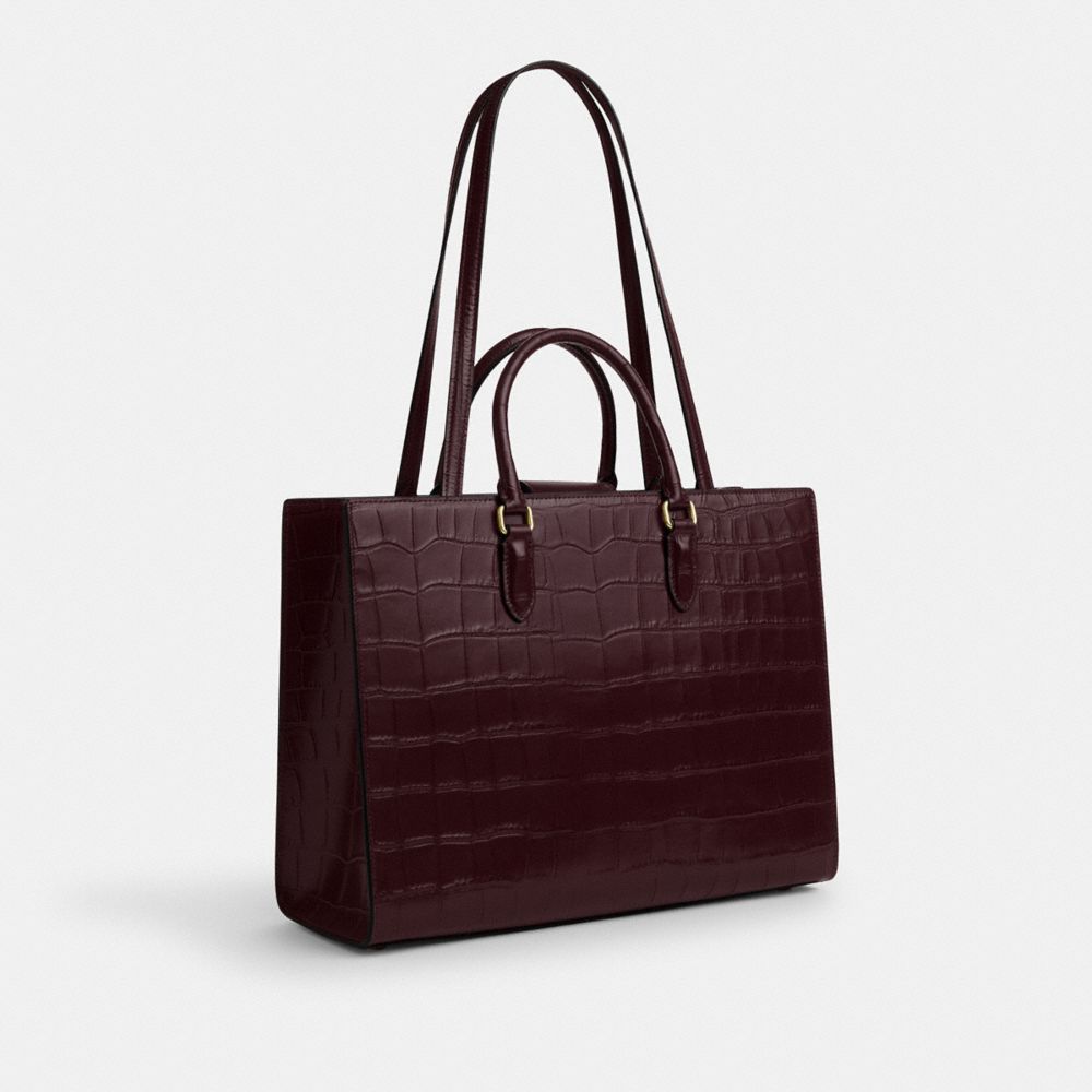 COACH®,Maggie Tote Bag,Crocodile,Leather,Tote,Logo,Metal,Work,Maroon,Angle View