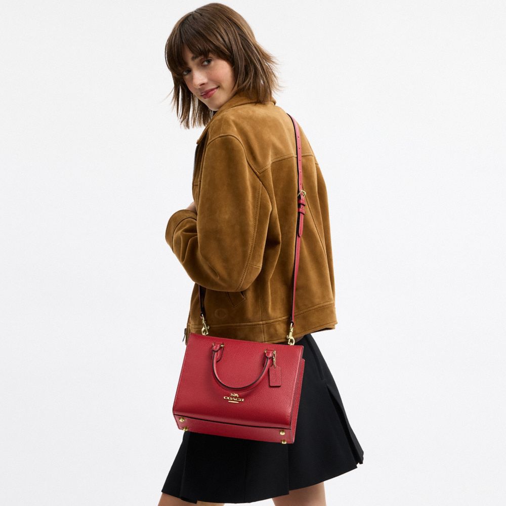 COACH®,Maggie Small Tote Bag,Leather,Satchel,Logo,Metal,Embossed,Work,Maroon,Detail View