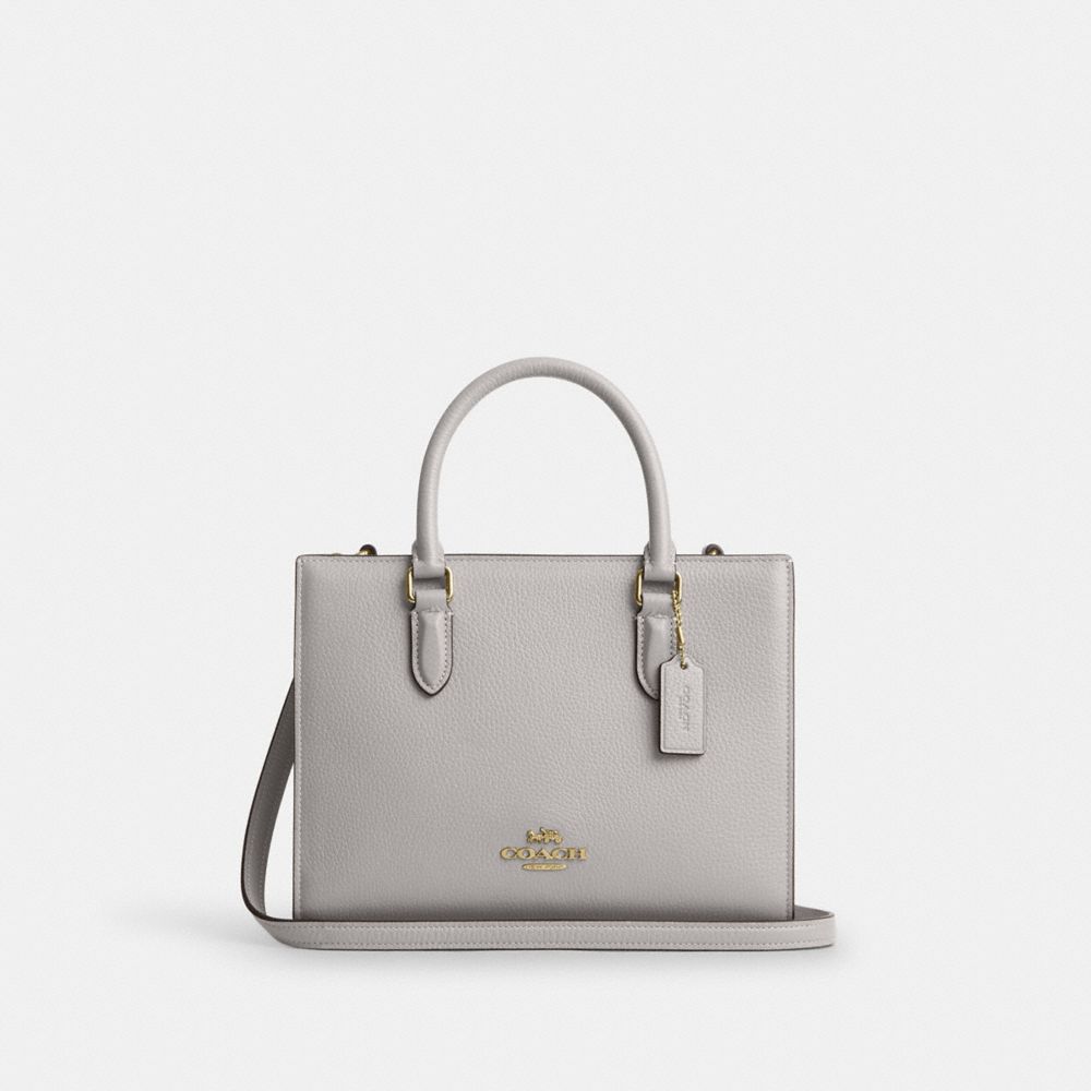 COACH®,Maggie Small Tote Bag,Leather,Satchel,Logo,Metal,Embossed,Work,Gray,Front View