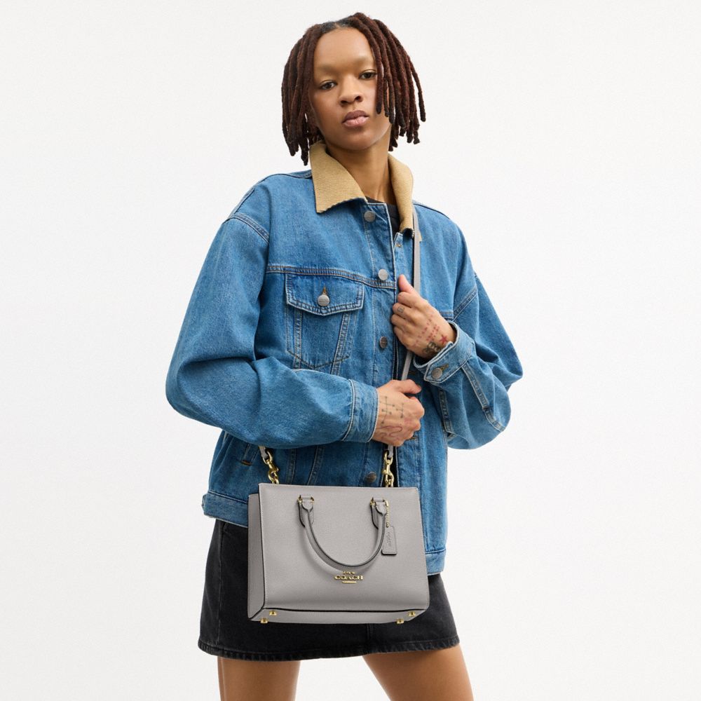 COACH®,Maggie Small Tote Bag,Leather,Satchel,Logo,Metal,Embossed,Work,Gray,Detail View