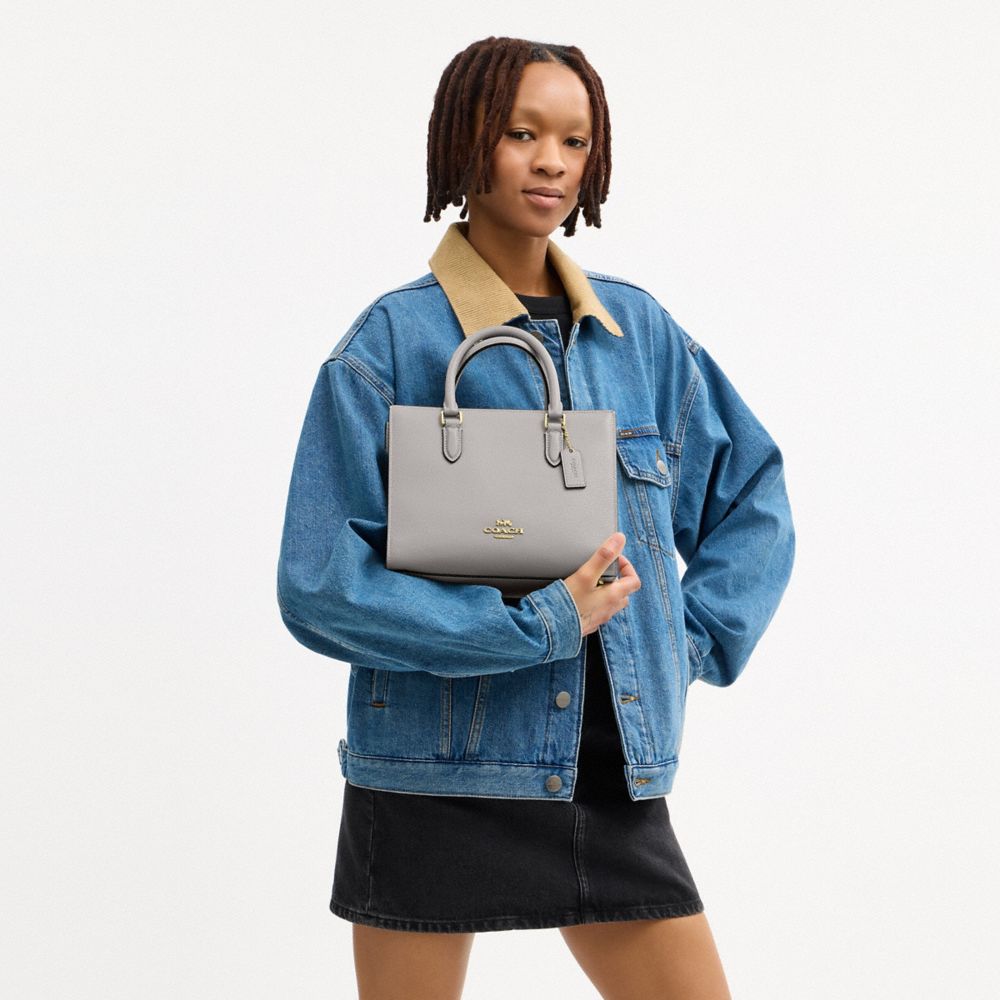 COACH®,Maggie Small Tote Bag,Leather,Satchel,Logo,Metal,Embossed,Work,Gray,Detail View