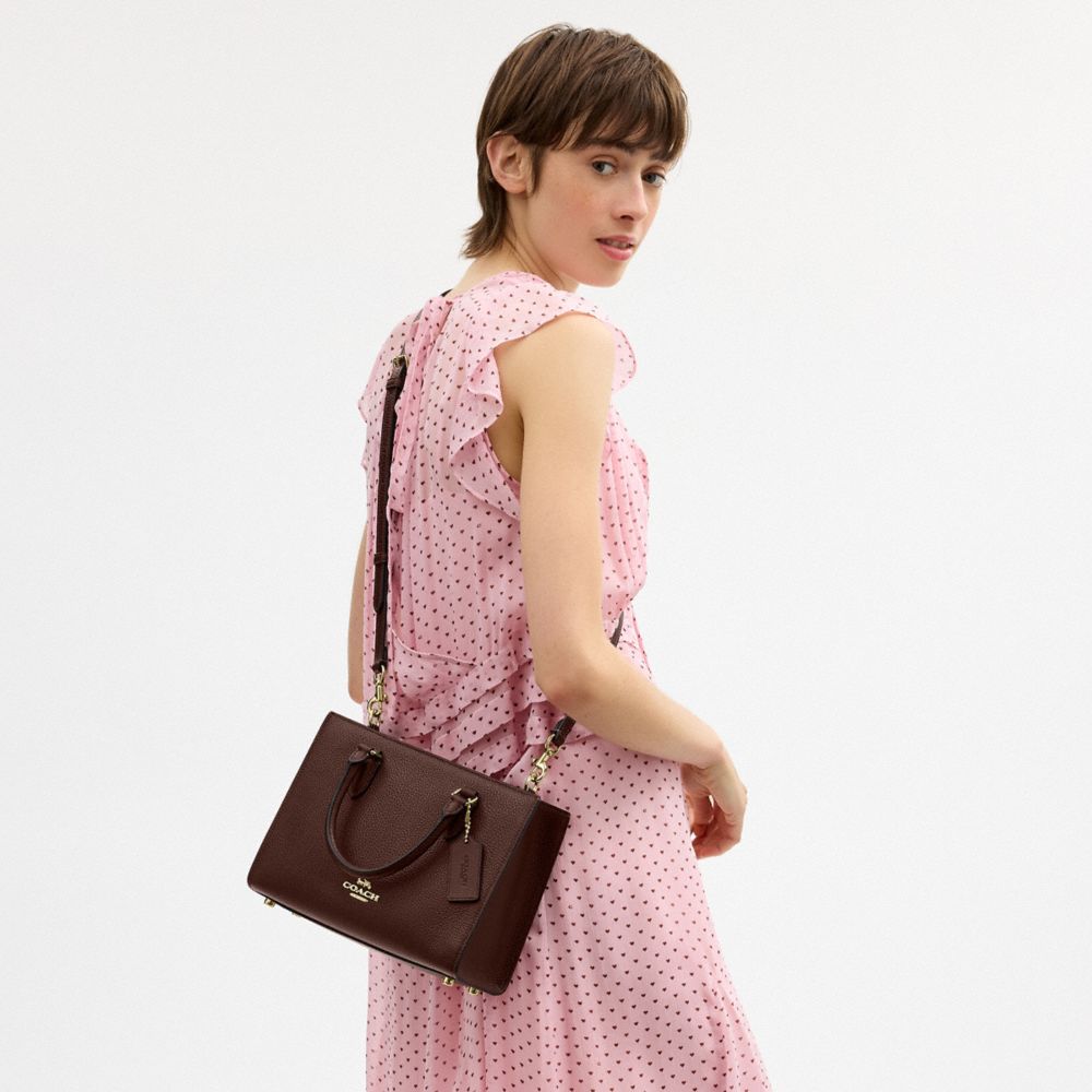 COACH®,Maggie Small Tote Bag,Leather,Satchel,Embossed,Logo,Metal,Work,Brown,Detail View