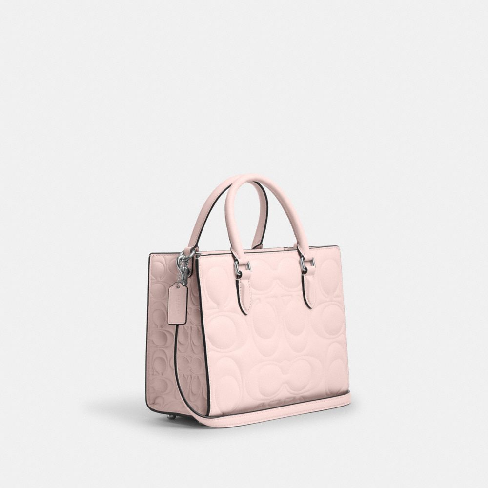 COACH®,Maggie Small Tote Bag In Signature Leather,Leather,Crossbody,Work,Pink,Angle View