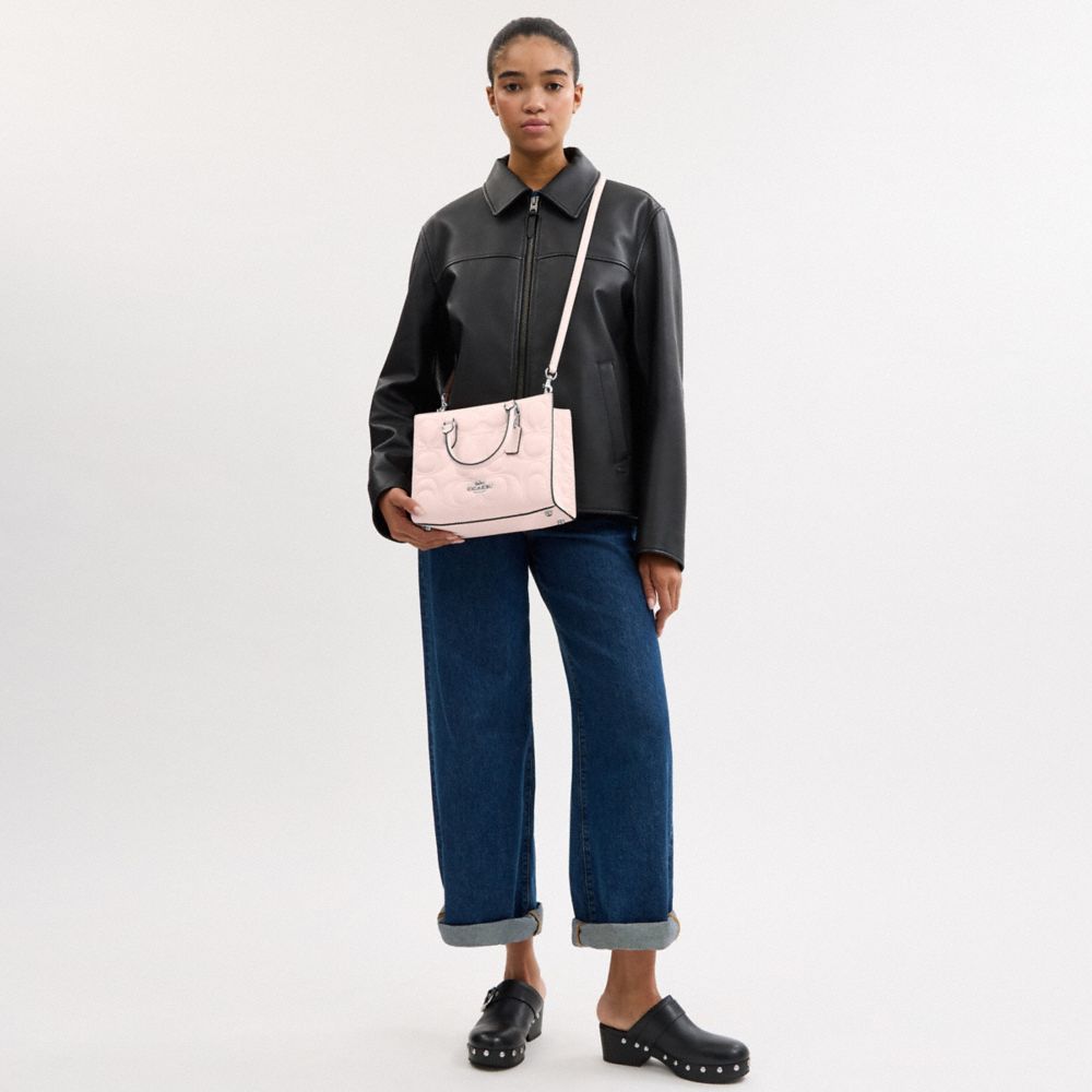 COACH®,Maggie Small Tote Bag In Signature Leather,Leather,Crossbody,Work,Pink,Detail View