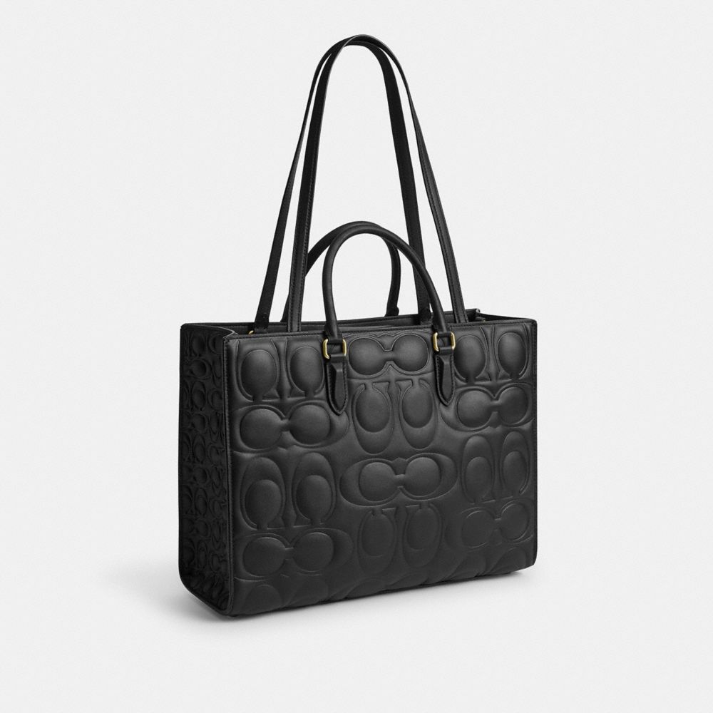 COACH®,Maggie Tote Bag In Signature Leather,Leather,Tote,Work,Black,Angle View