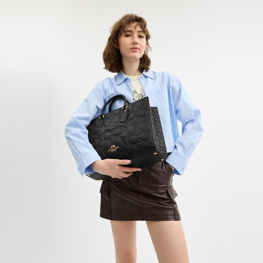 COACH®,Maggie Tote Bag In Signature Leather,Leather,Tote,Work,Black,Detail View