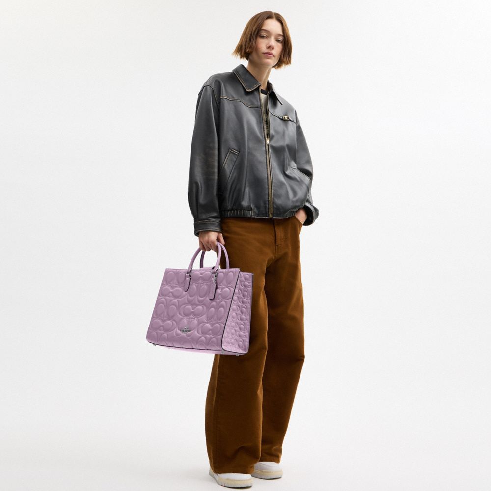 COACH®,Maggie Tote Bag In Signature Leather,Leather,Tote,Work,Purple,Detail View