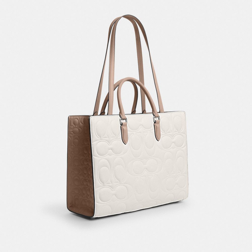 COACH®,Maggie Tote Bag In Blocked Signature Leather,Leather,Tote,Color Block,Casual,White,Angle View