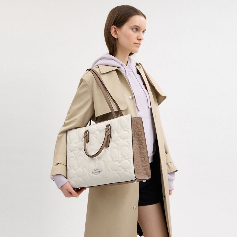 COACH®,Maggie Tote Bag In Blocked Signature Leather,Leather,Tote,Color Block,Casual,White,Detail View
