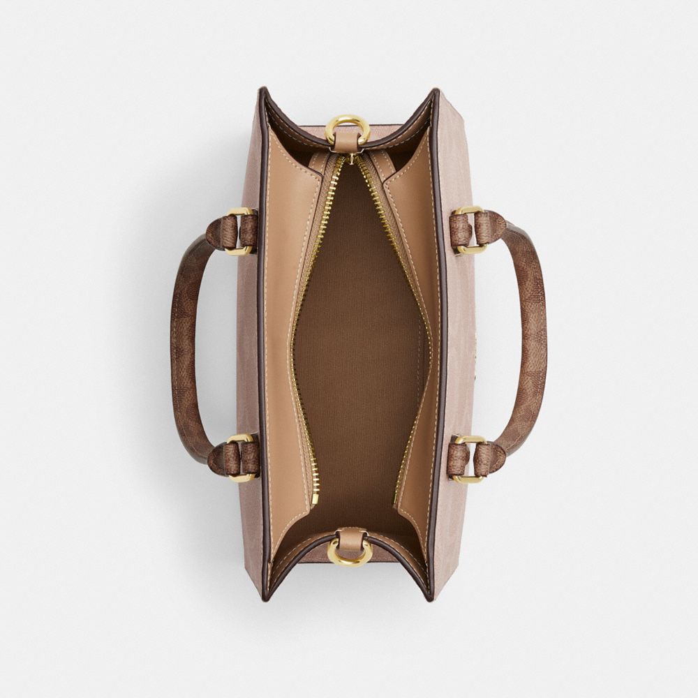 COACH®,Maggie Small Tote Bag In Blocked Signature Canvas,Canvas,Leather,Satchel,Casual,Beige,Inside View,Top View