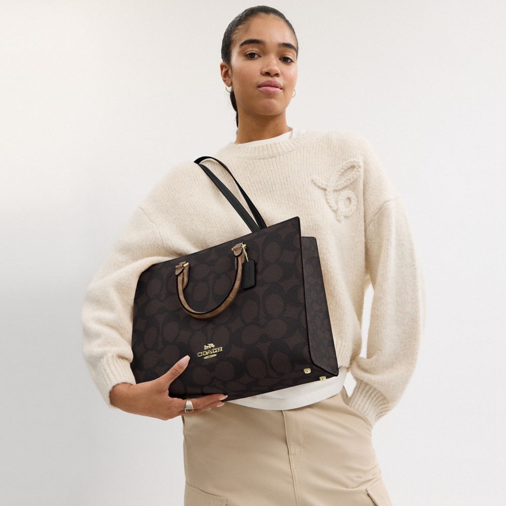 COACH®,Maggie Tote Bag In Blocked Signature Canvas,Leather,Canvas,Tote,Casual,Brown,Detail View