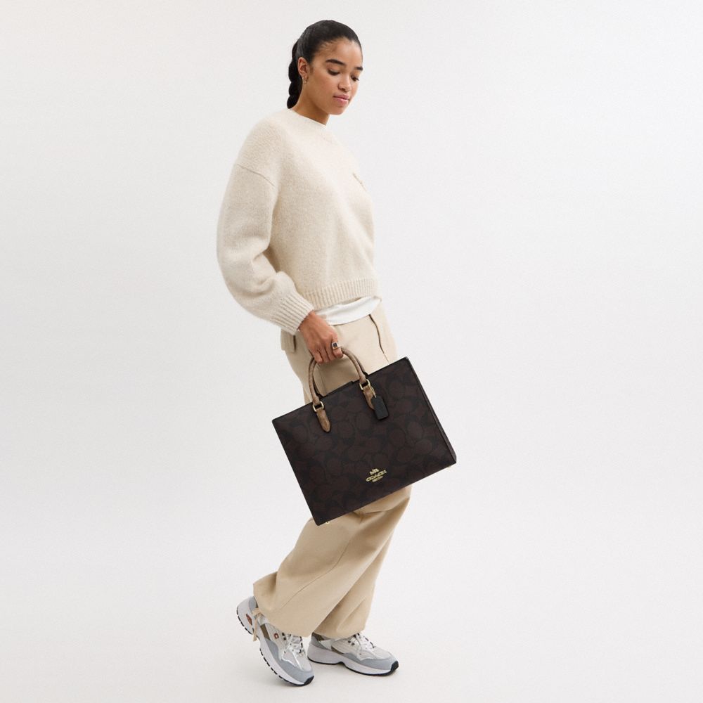 COACH®,Maggie Tote Bag In Blocked Signature Canvas,Leather,Canvas,Tote,Casual,Brown,Detail View
