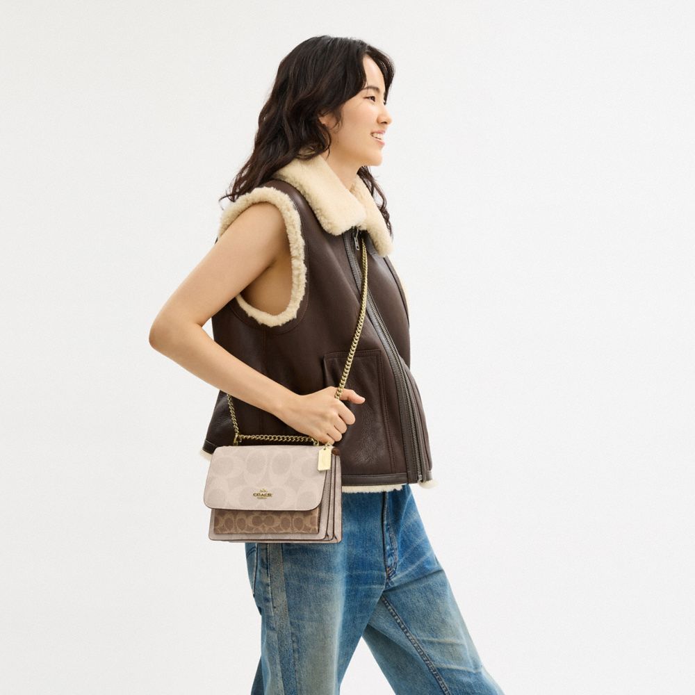 COACH®,Klare Crossbody Bag In Blocked Signature Canvas,Canvas,Leather,Crossbody,Color Block,Adjustable,Day Party,Beige