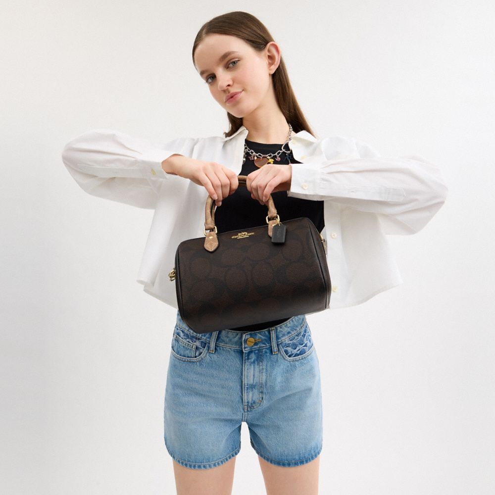COACH®,Rowan Satchel Bag In Blocked Signature Canvas,Canvas,Barrel Bag,Work,Casual,Black,Detail View