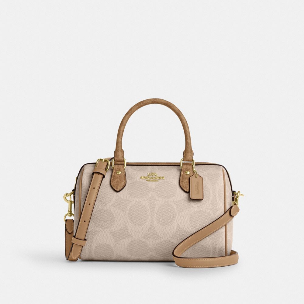 COACH®,Rowan Satchel Bag In Blocked Signature Canvas,Canvas,Barrel Bag,Work,Casual,Beige,Front View