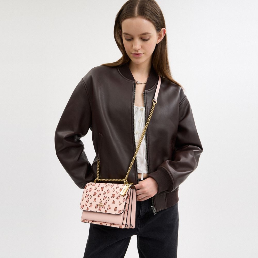COACH®,Klare Crossbody Bag With Rose Print,Leather,Crossbody,Logo,Metal,Adjustable,Day Party,Pink,Detail View