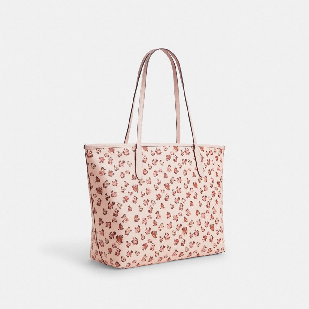 COACH®,City Tote Bag With Rose Print,Canvas,Tote,Logo,Metal,Casual,Multi Color,Angle View