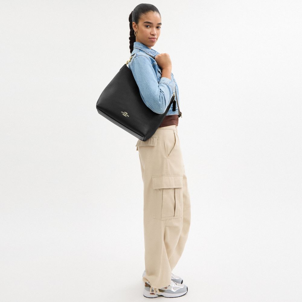 COACH®,Laurel Large Shoulder Bag,Leather,Shoulder Bag,Logo,Metal,Casual,Black,Detail View