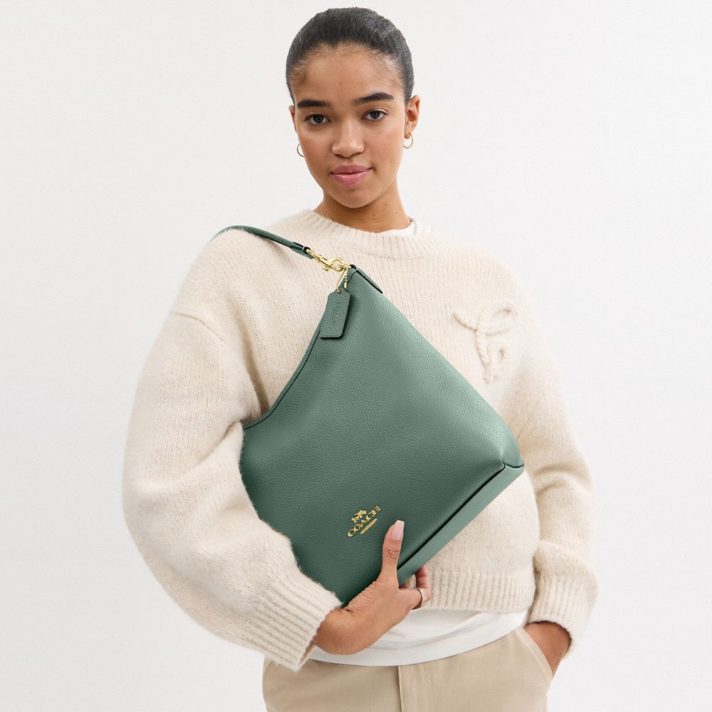 COACH®,Laurel Large Shoulder Bag,Leather,Shoulder Bag,Logo,Metal,Casual,Teal,Detail View