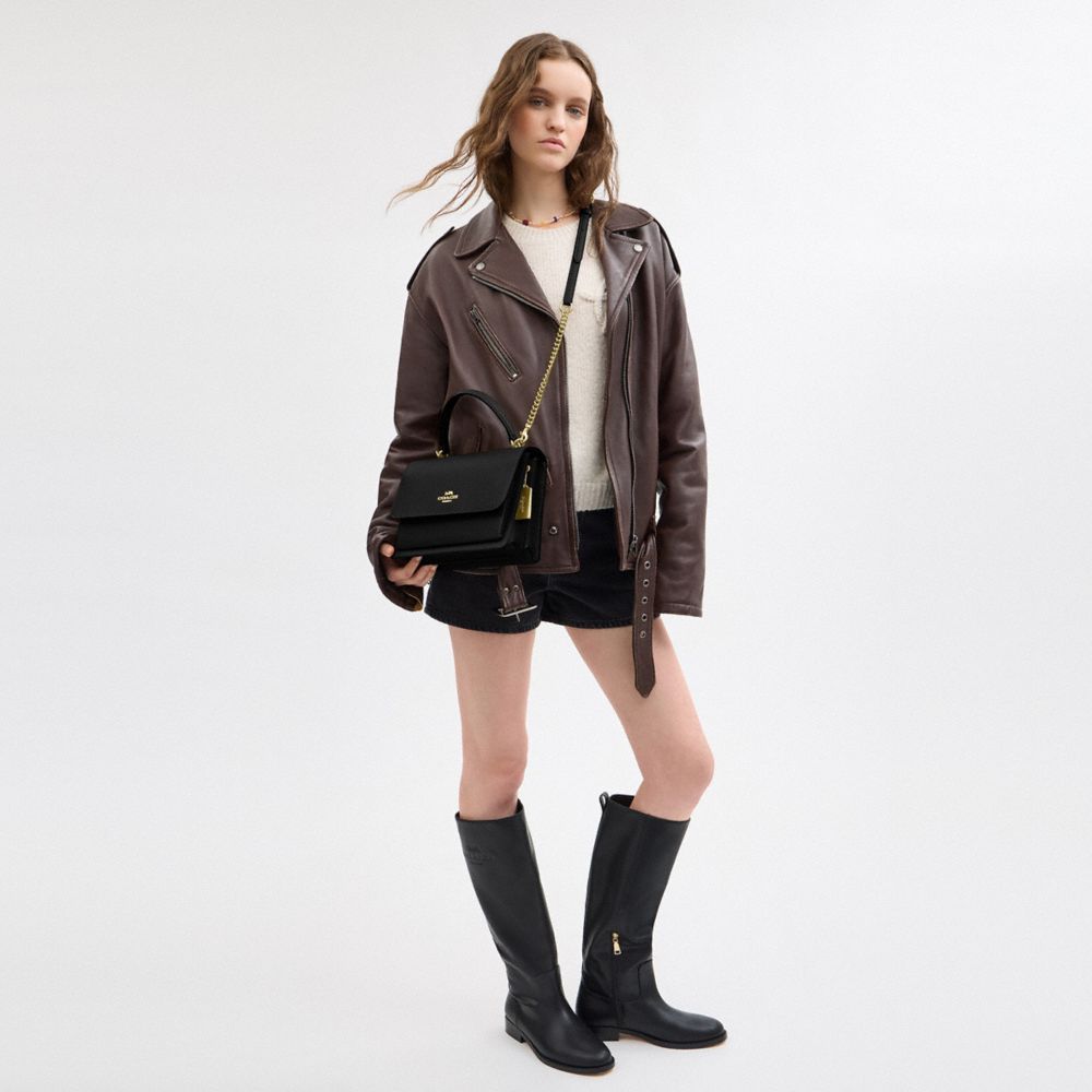 COACH®,Klare Top Handle Bag,Calfskin Leather,Crossbody,Chain Detail,Metal,Logo,Day Party,Black,Detail View