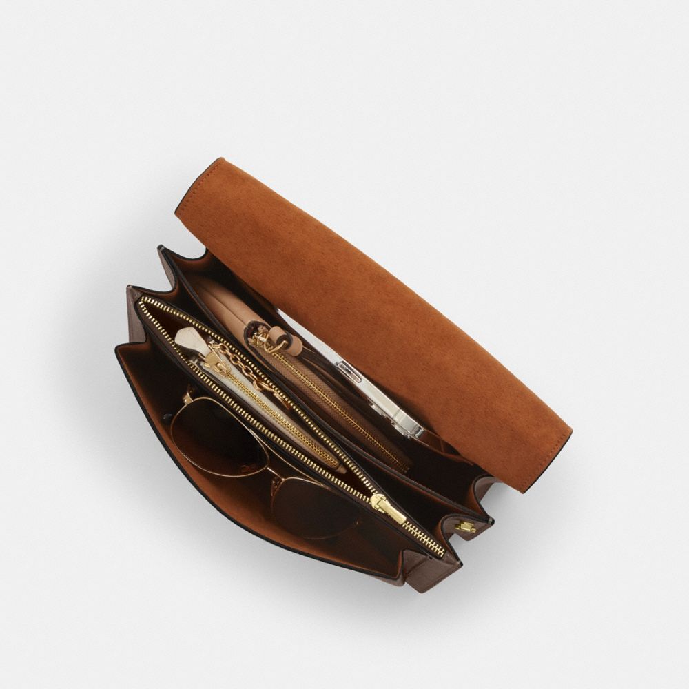 COACH®,Klare Top Handle Bag,Calfskin Leather,Crossbody,Chain Detail,Metal,Logo,Day Party,Brown,Inside View,Top View