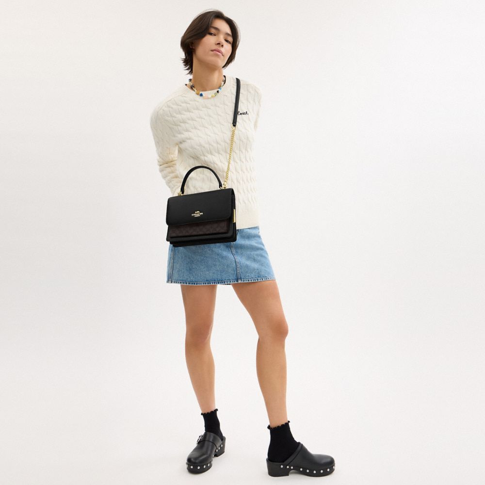 COACH®,Klare Top Handle Bag In Signature Canvas,Canvas,Leather,Satchel,Color Block,Day Party,Work,Black,Detail View