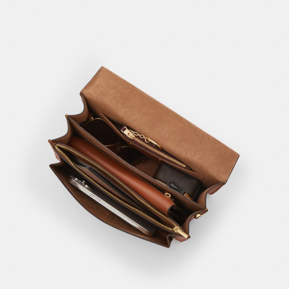 COACH®,Klare Top Handle Bag In Signature Canvas,Canvas,Leather,Satchel,Color Block,Day Party,Work,Brown,Inside View,Top View
