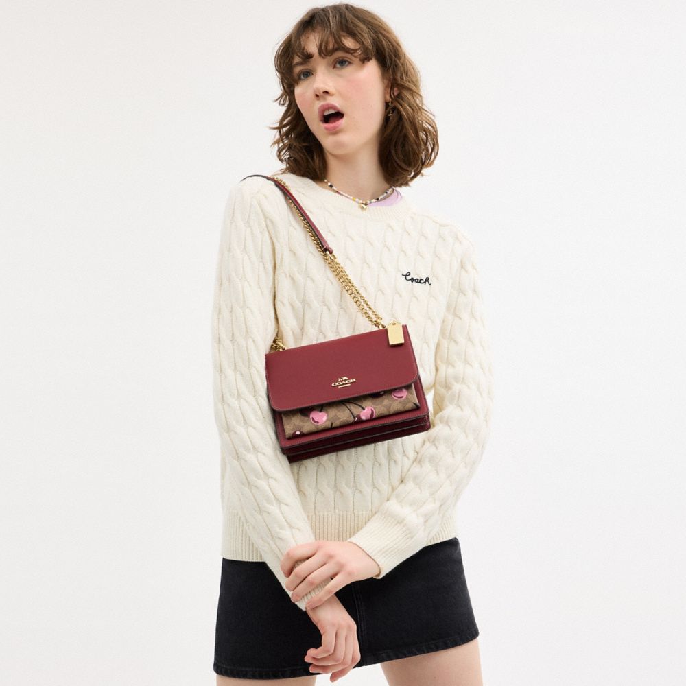 COACH®,Klare Crossbody Bag In Signature Canvas With Cherry Print,Leather,Canvas,Crossbody,Pattern,Adjustable,Day Party,Maroon,Detail View
