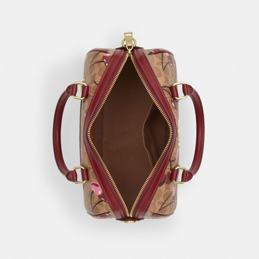 COACH®,Rowan Satchel Bag In Signature Canvas With Cherry Print,Canvas,Barrel Bag,Casual,Beige,Inside View,Top View