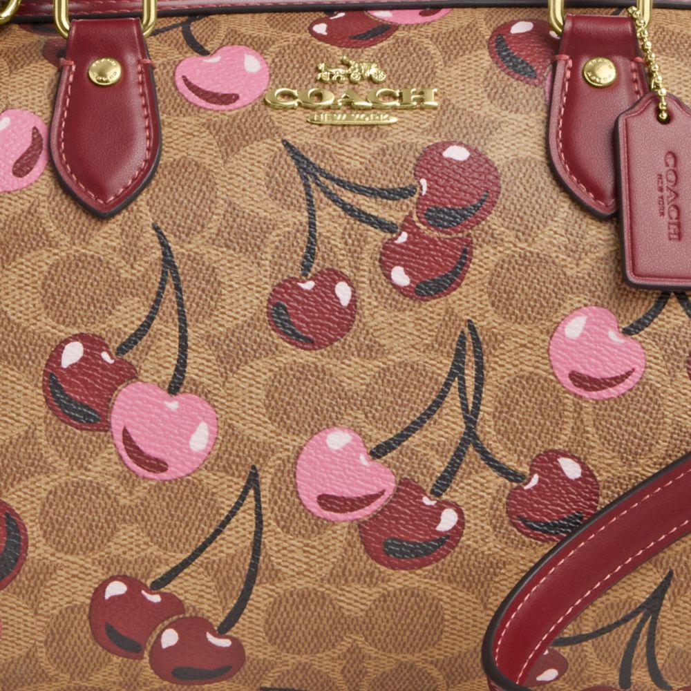 COACH®,Rowan Satchel Bag In Signature Canvas With Cherry Print,Canvas,Barrel Bag,Casual,Beige