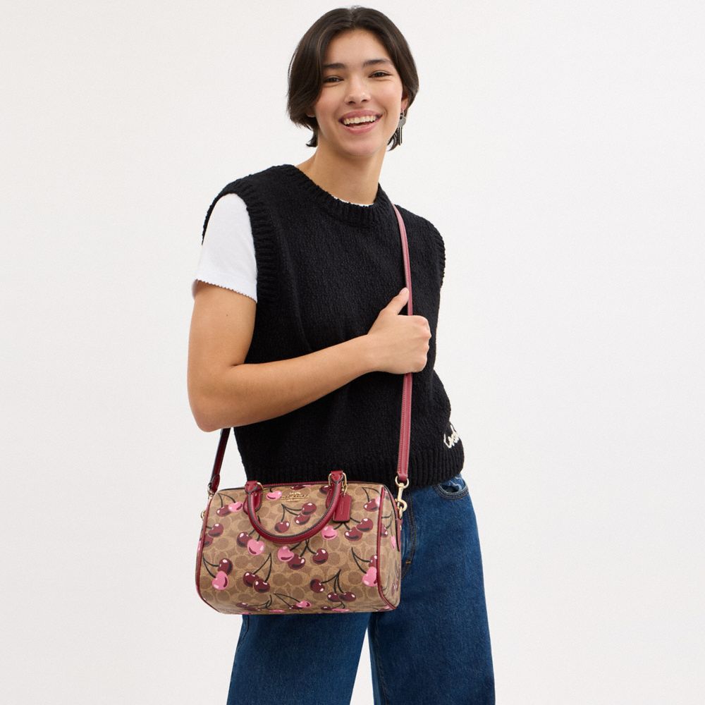 COACH®,Rowan Satchel Bag In Signature Canvas With Cherry Print,Canvas,Barrel Bag,Casual,Beige,Detail View