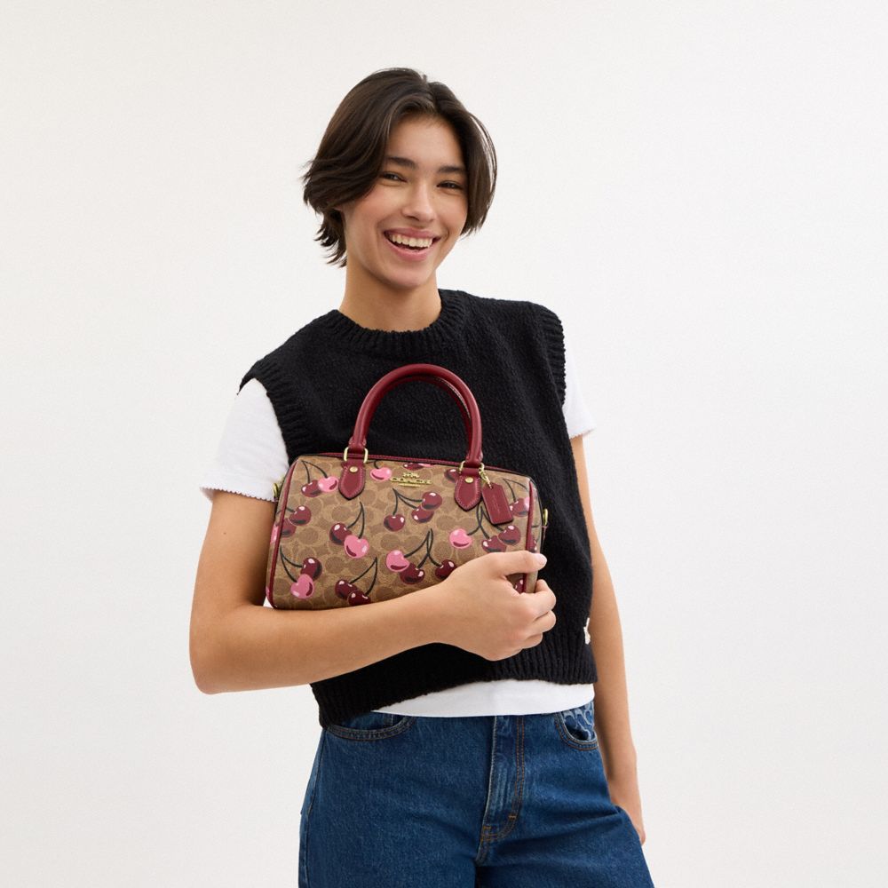 COACH®,Rowan Satchel Bag In Signature Canvas With Cherry Print,Canvas,Barrel Bag,Casual,Beige,Detail View