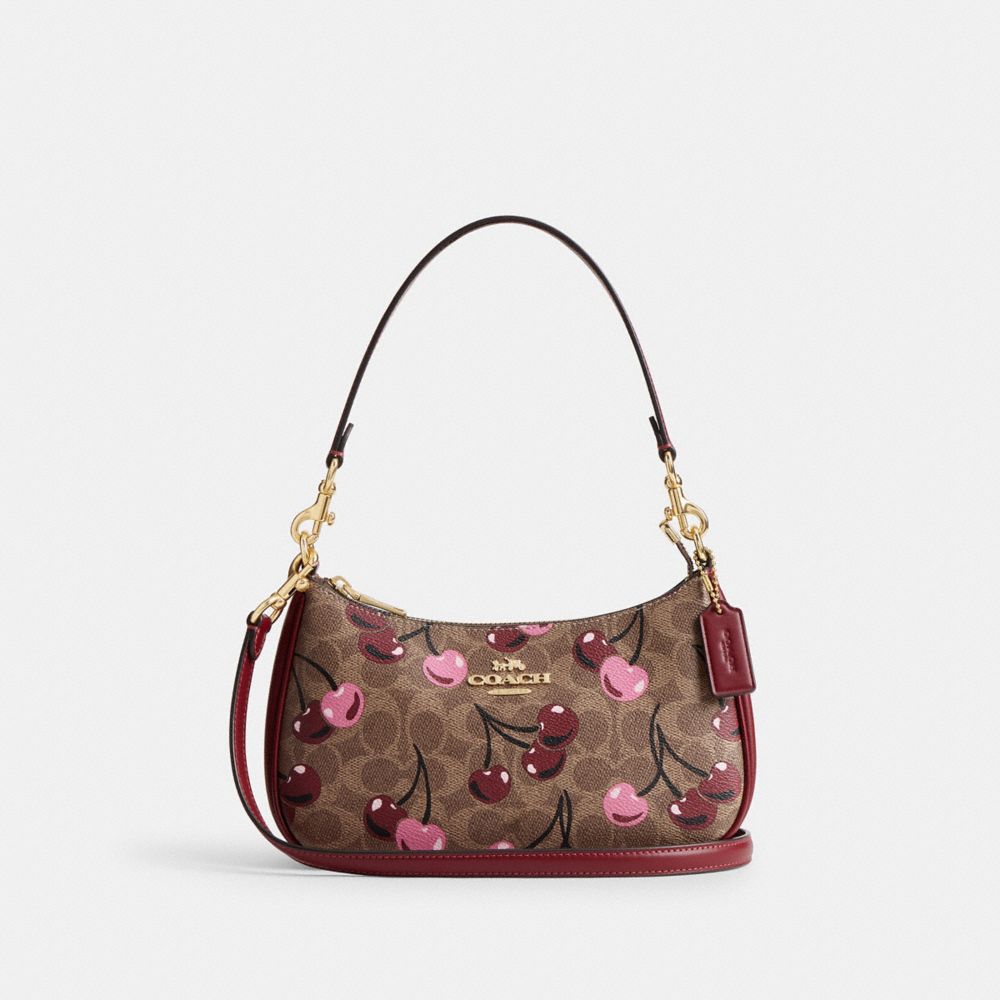 COACH®,SAC ÉPAULE TERI EN TOILE EXCLUSIVE AVEC IMPRIMÉ CERISE,Or/Bronzé multi,Front View