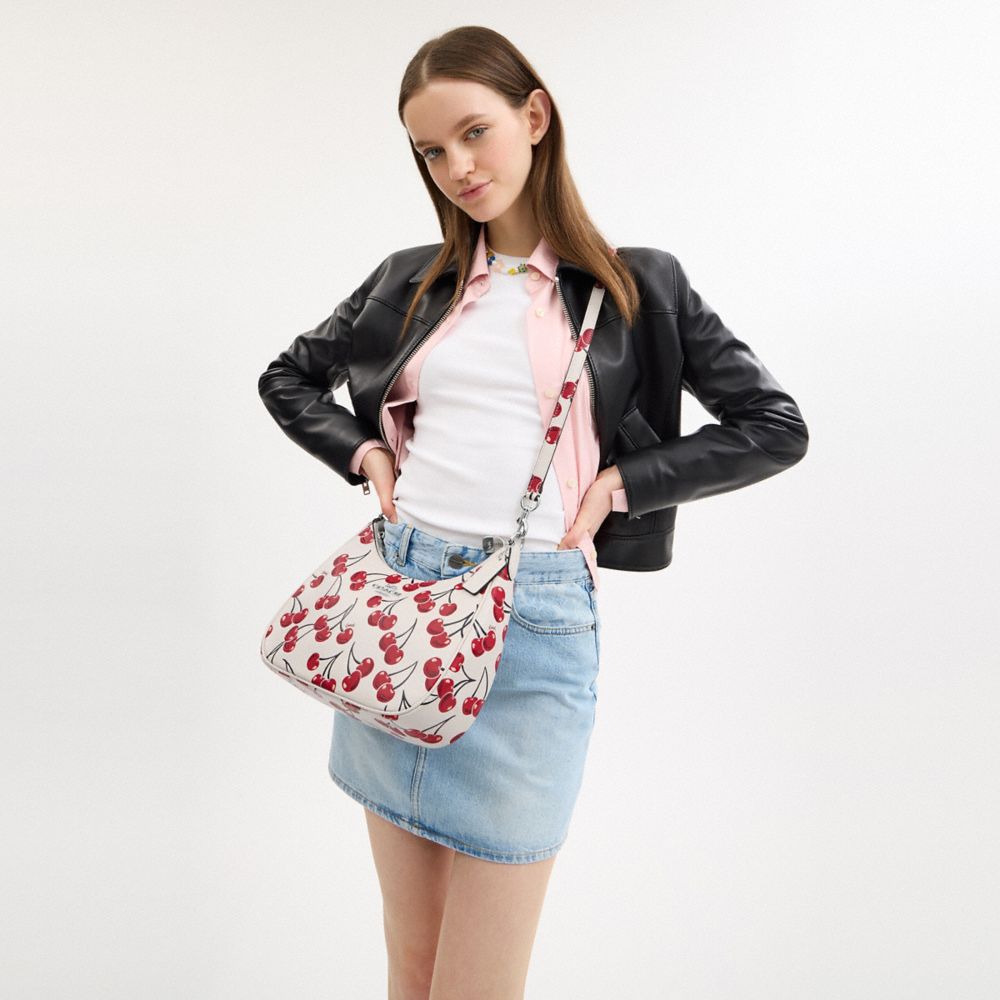 COACH®,Teri Hobo Bag With Cherry Print,Calfskin Leather,Shoulder Bag,Logo,Metal,Word Embellishment,Casual,White,Detail View
