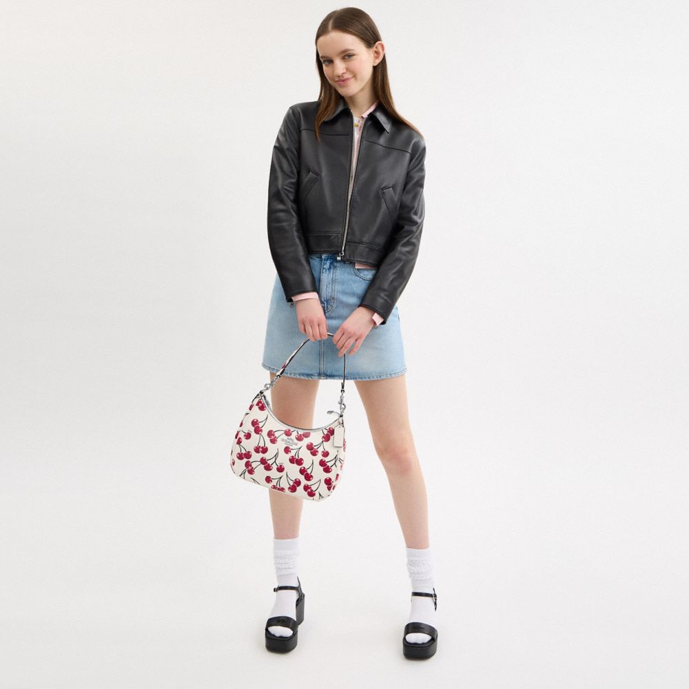 COACH®,Teri Hobo Bag With Cherry Print,Calfskin Leather,Shoulder Bag,Logo,Metal,Word Embellishment,Casual,White,Detail View