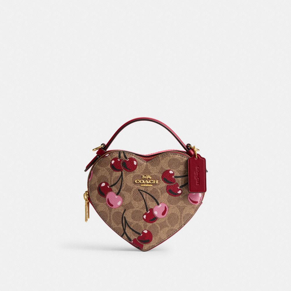 COACH®,Heart Crossbody Bag In Signature Canvas With Cherry Print,Canvas,Leather,Crossbody,Day Party,Brown,Front View