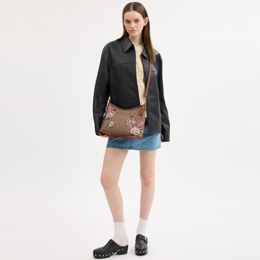 COACH®,Laurel Shoulder Bag In Signature Canvas With Rose Print,Canvas,Shoulder Bag,Piping,Adjustable,Casual,Brown,Detail View