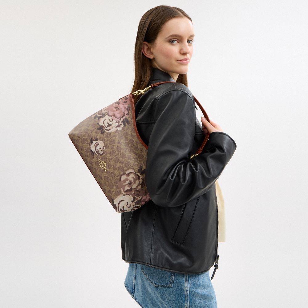 COACH®,Laurel Shoulder Bag In Signature Canvas With Rose Print,Canvas,Shoulder Bag,Piping,Adjustable,Casual,Brown,Detail View